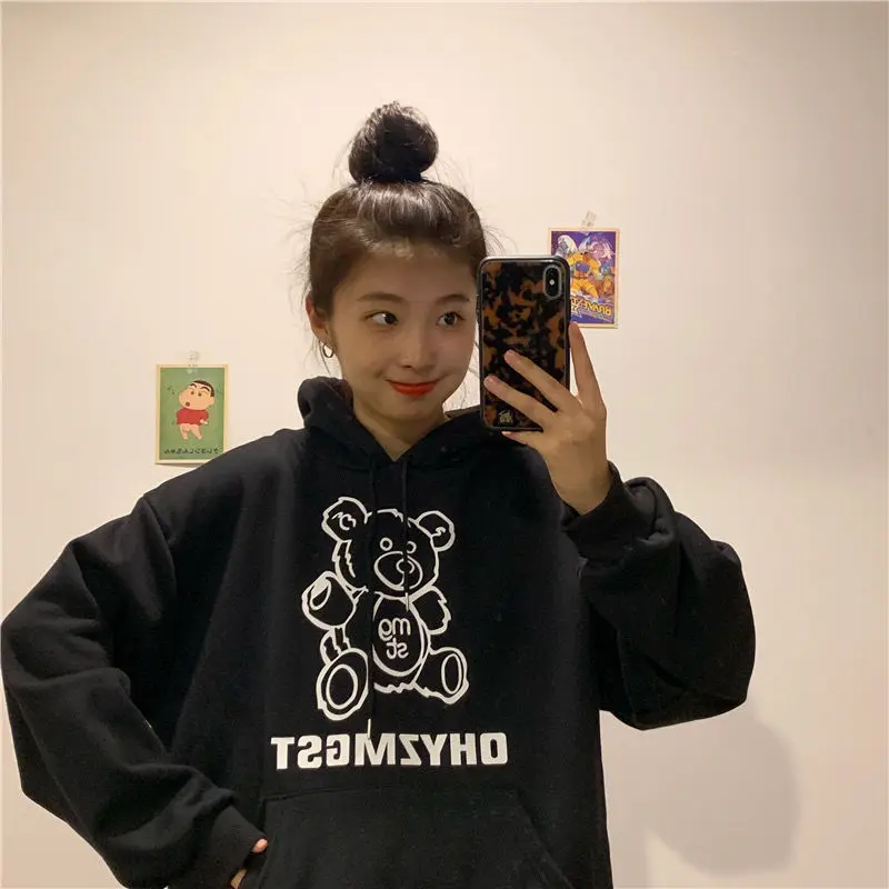 

2020 Winter New Korean Version Of Women's Sweatshirt Loose BF Cute Bear Plush Thickened Hoodie Coat Sudadera Mujer En*