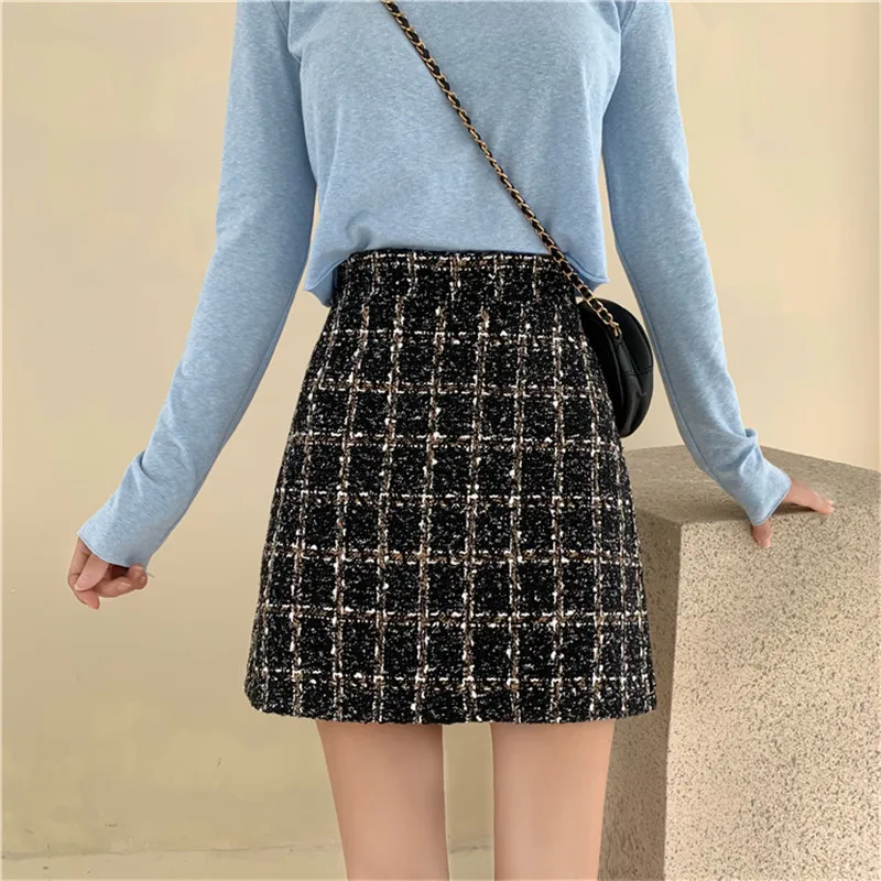 Клетчатая твидовая облегающая юбка для женщин Корейская линия Мини-Юбки Женская