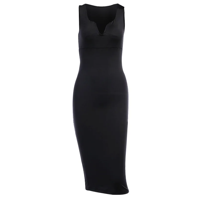 

New Retro Solid Color Dress Slim Sexy Package Hip V-neck Dress Knee Length Elegant Dresses Casual Party Tank Pencil Dresses