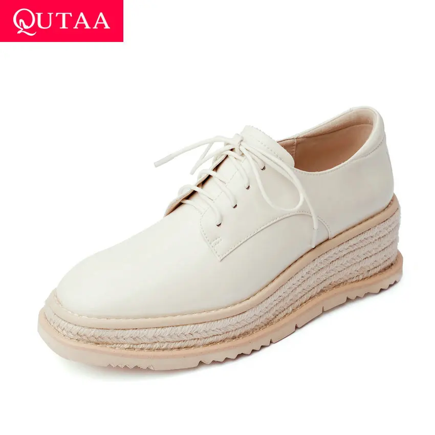 

QUTAA 2021 Platform Lace Up Spring Autumn Ladies Shoes Cow Patent Leather Round Toe Women Pumps Wedge High Heels Size 34-39