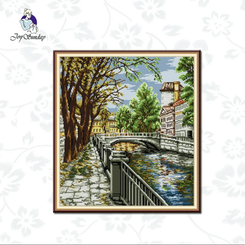 

Joy Sunday,Waterside Landscape Painting Count Print on Canvas Cross Stitch 14CT11CT Fabric Thread Needle Drawing Embroidery kits