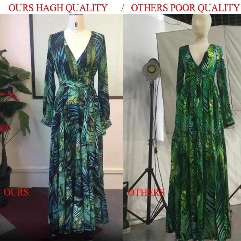 

Vintacy Long Sleeve Dress Green Tropical Beach Vintage Maxi Dresses Boho Casual V Neck Belt Lace Up Tunic Draped Plus Size Dress