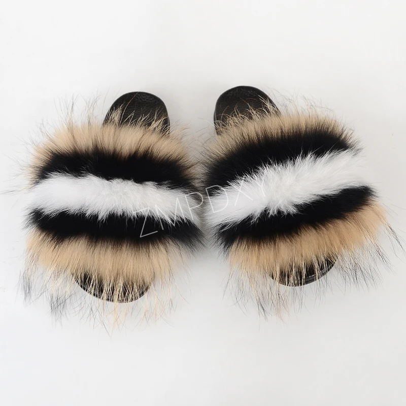 

Summer New Women's Sexy Fur Slippers Casual Real Fox Fur Slides Outside Flat Female Furry Slippers Wholesale