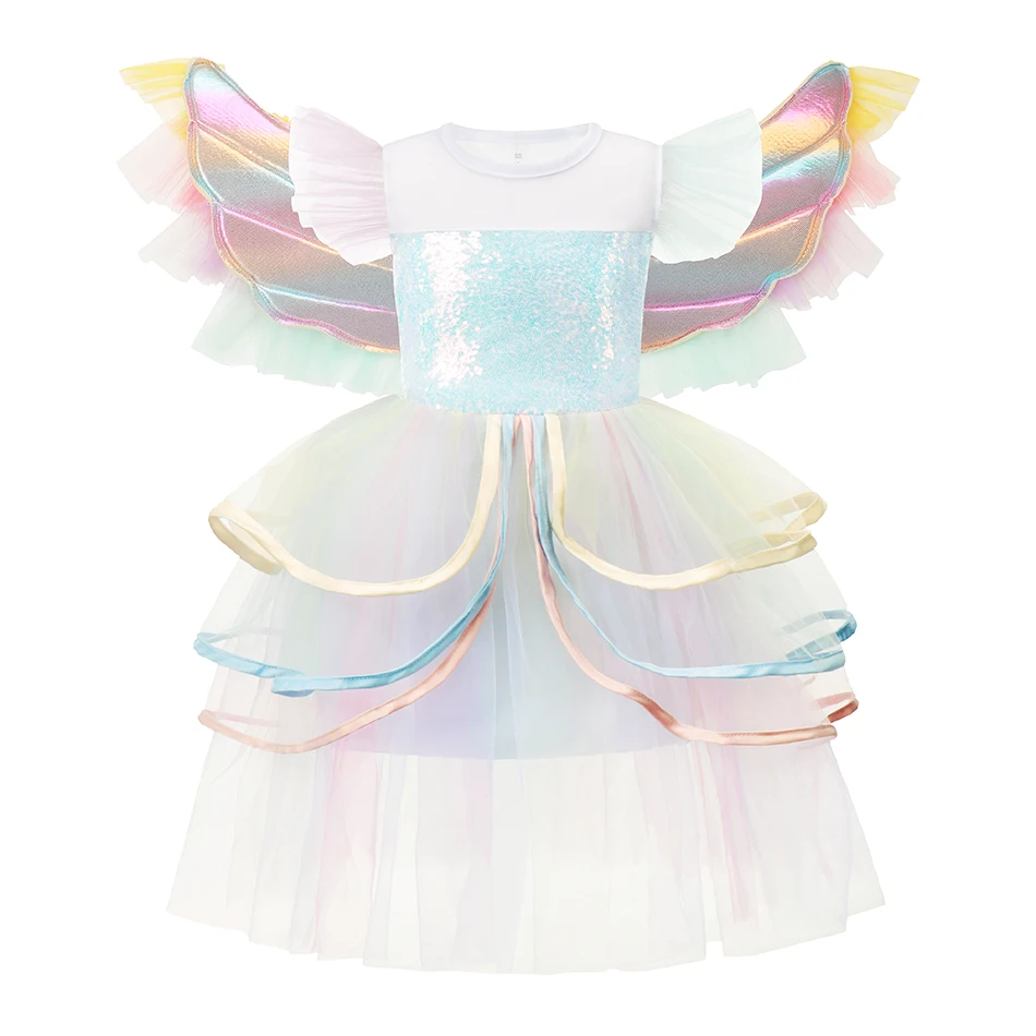 Girl Rainbow Unicorn Dresses Tutu Princess Party Children Christmas Halloween Cosplay Costume With Headband Wings 4-10Y |