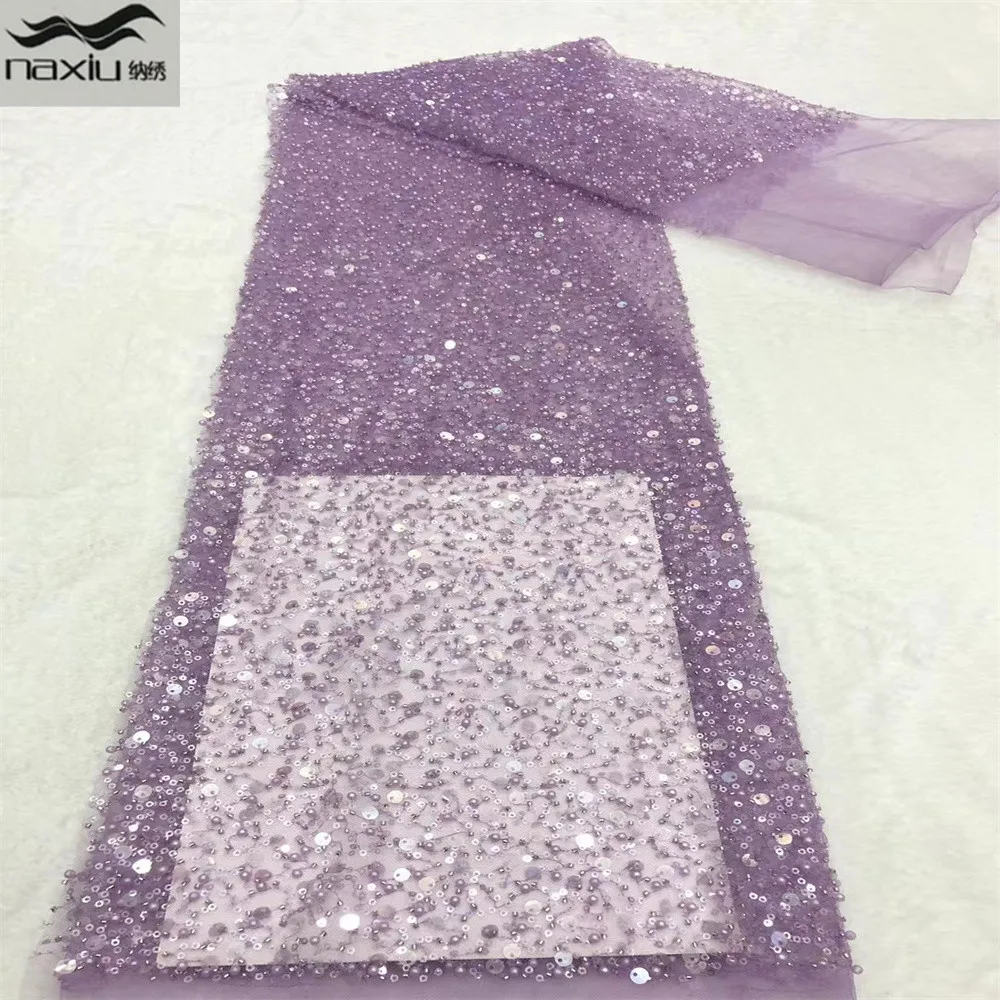 

Madison Purple African French Lace Fabric 5 Yards 2021 For Nigerian Party Asoebi Dress Sewing Material Beaded Embroidery