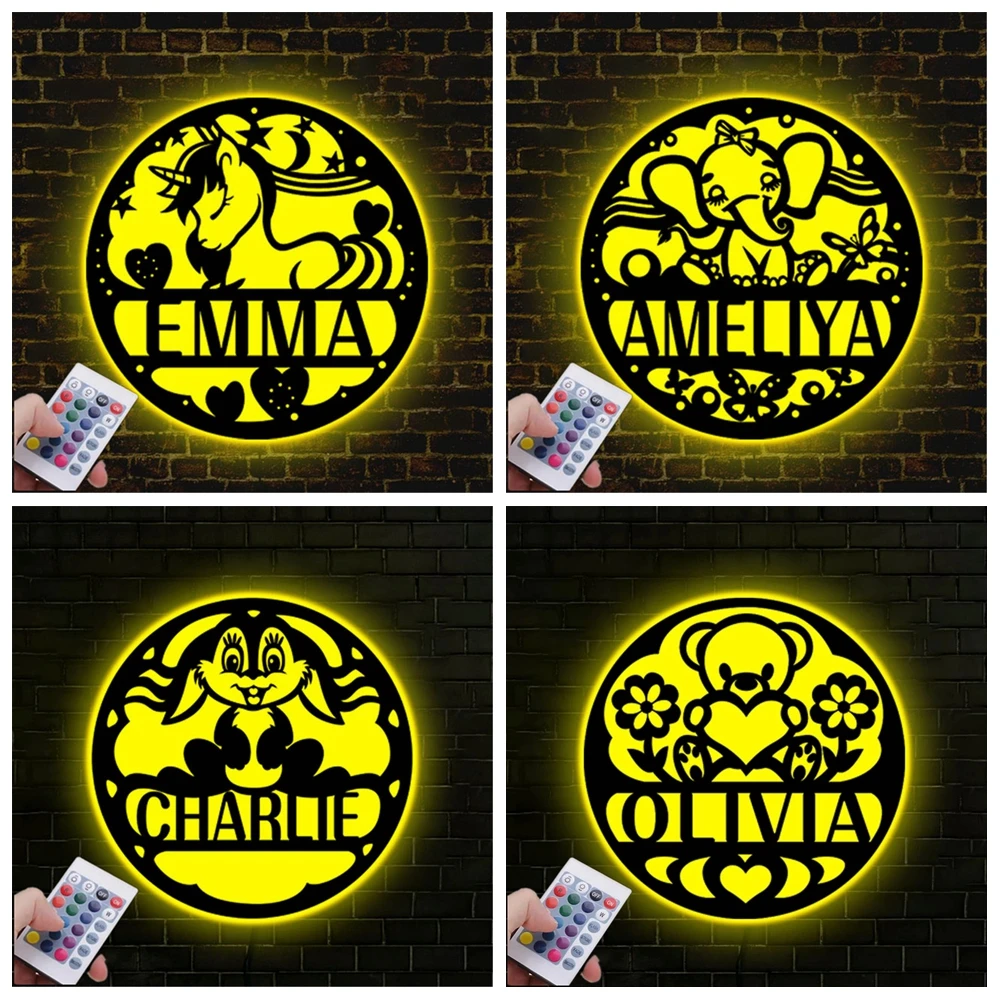 

Personalized Animal Bear/Rabbit/Unicorn/Elephant Wall Lamp Wooden LED Night Light Custom Name Neon Lights for Kids Easter Decor