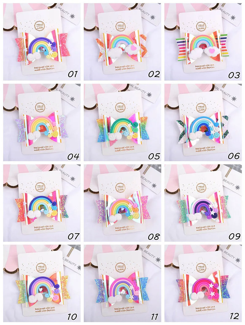 

12pcs/lot Rainbow PVC Hair Bows Shine Glitter Hairbow Clips Kids Hairpin Sweet Girls Hairgrips School Headwear Hair Accessories