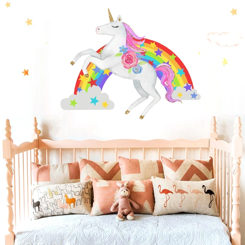 Декор для спальни окна детской комнаты мультфильм единорог наклейки на стену