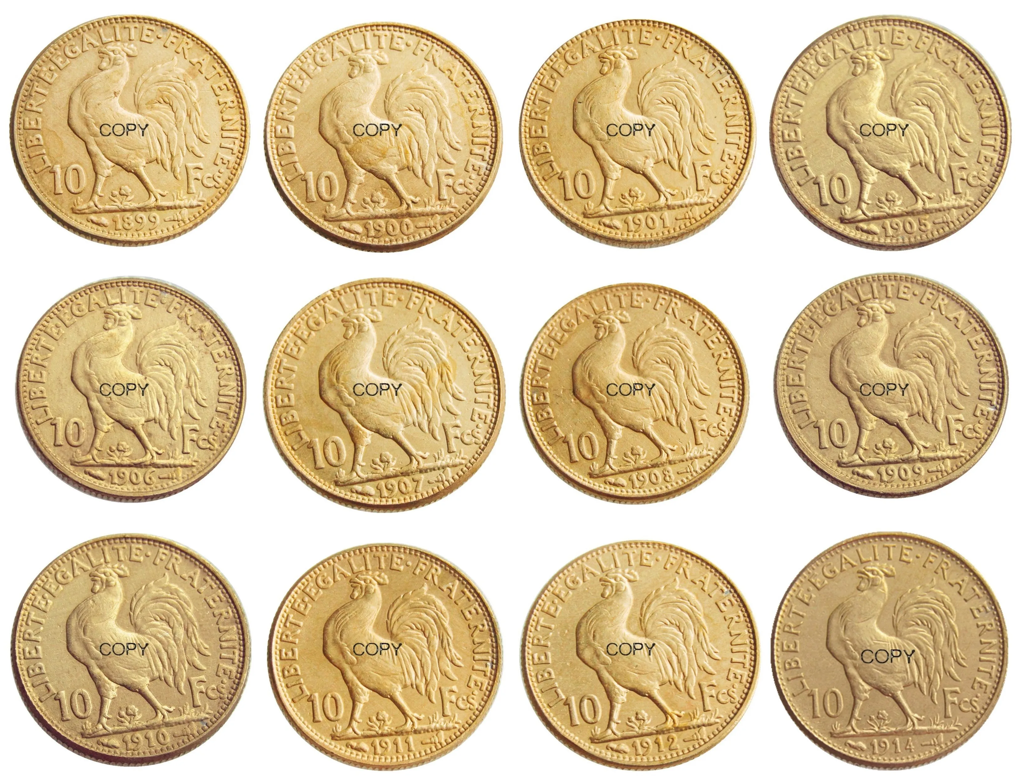 

(1899-1914) 12pcs Date For Chose France 10 Francs Rooster Gold Plated Copy Coin