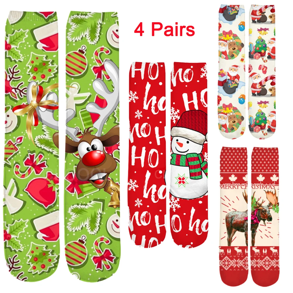 

CLOOCL 4 Pairs Woman Christmas Socks Funny Xmas Santa Claus Tree Snowflake Elk Snow Cotton Happy Sock Men New Year Funny Sokken