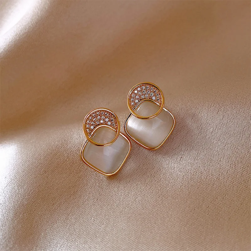 

925 Silver Needle Geometric Diamond Inlaid Opal Earrings South Korea Autumn And Winter New Temperament Ins Fashion Earr