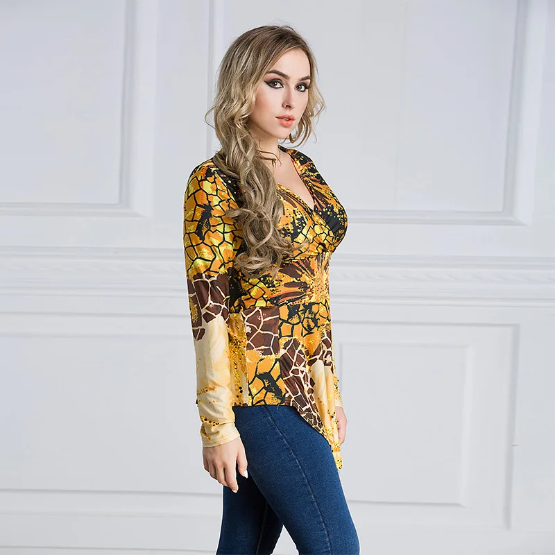 

Donsignet Женская блузка на весну-осень модное популярное размера плюс с v-образным вырезом, сексуальное, с печатным рисунком и длинным рукавом Н...