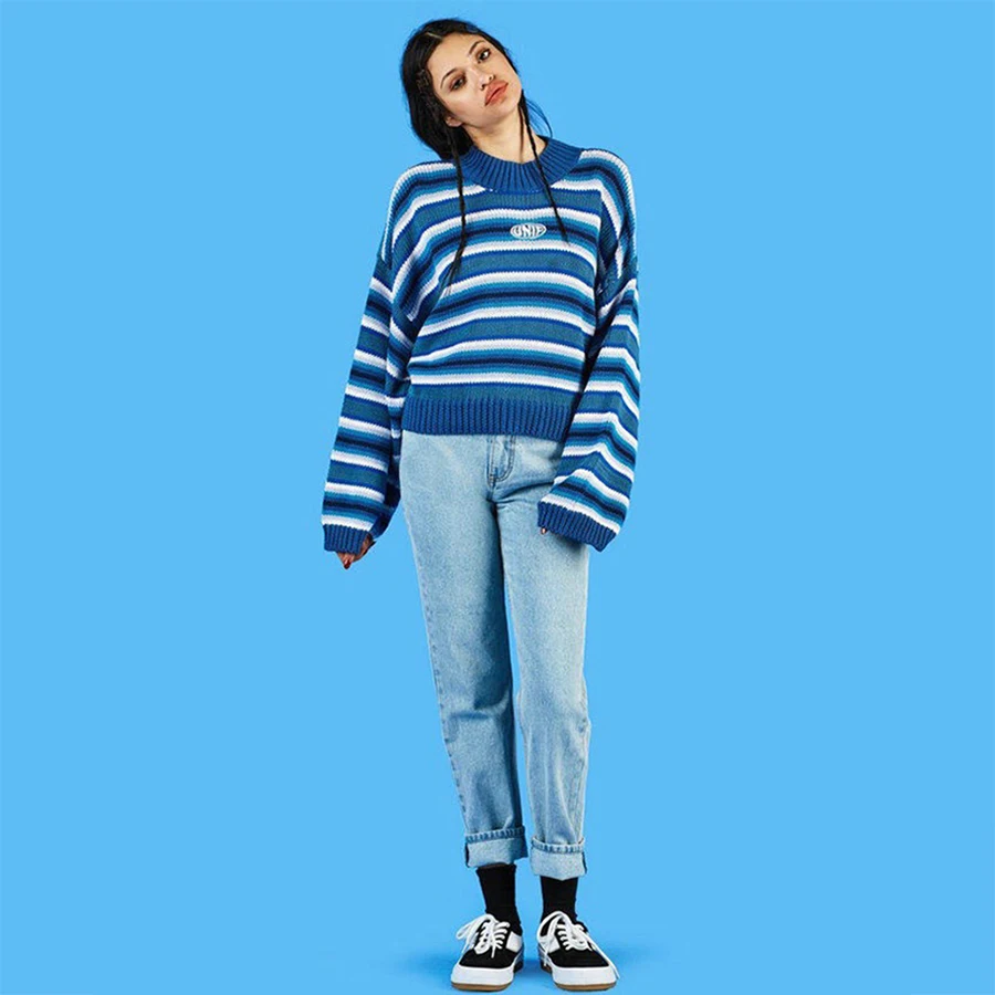 2020 spring new sweater women's top classic blue Vintage stripe wide sleeve embroidery round neck | Женская одежда