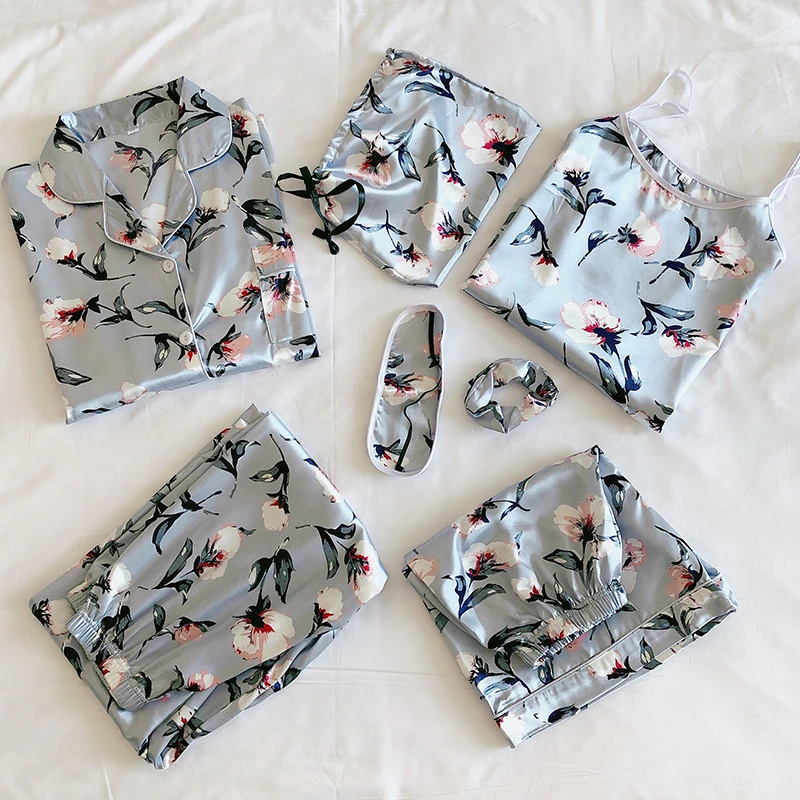 Женская шелковая пижама для женщин девочек комплект из 7 предметов атласная