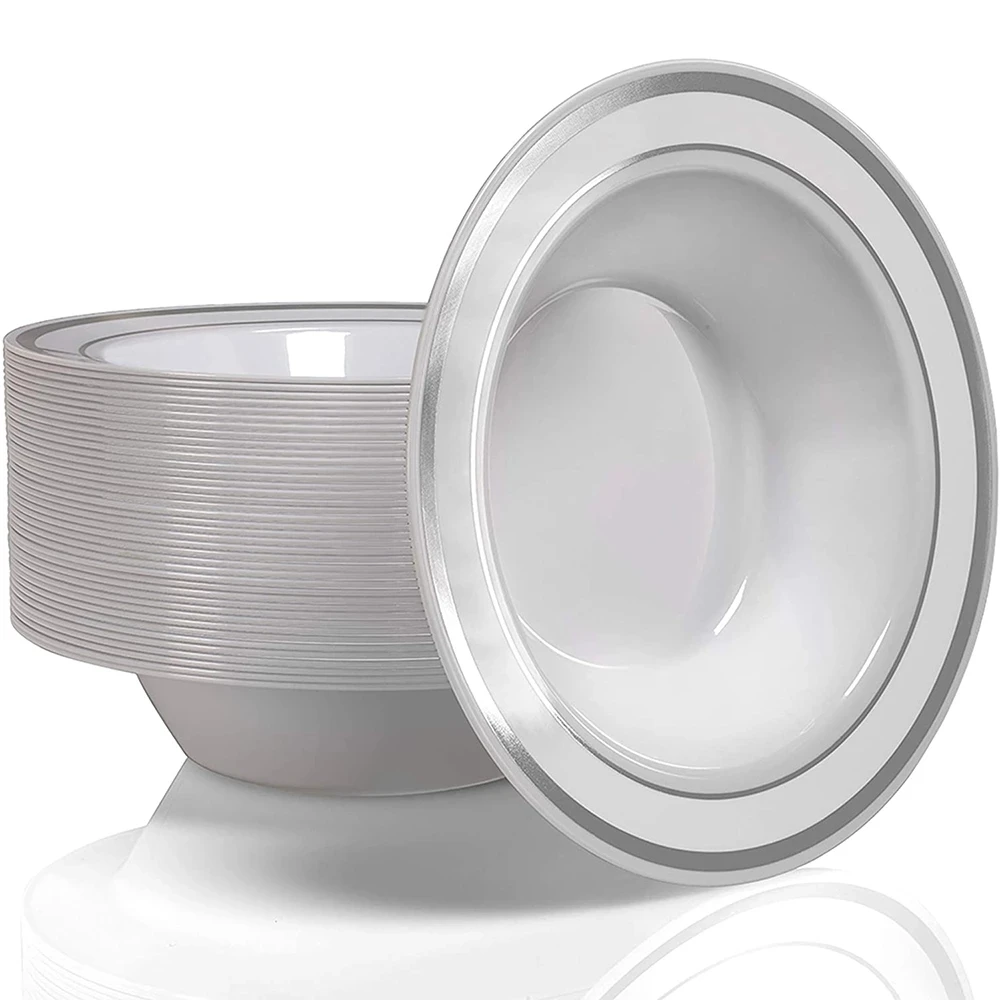 

20Pcs Disposable Dinner Bowl 12 oz White Hard Plastic Bowl With Silver and Gold Edges Suitable for Parties Weddings Catering