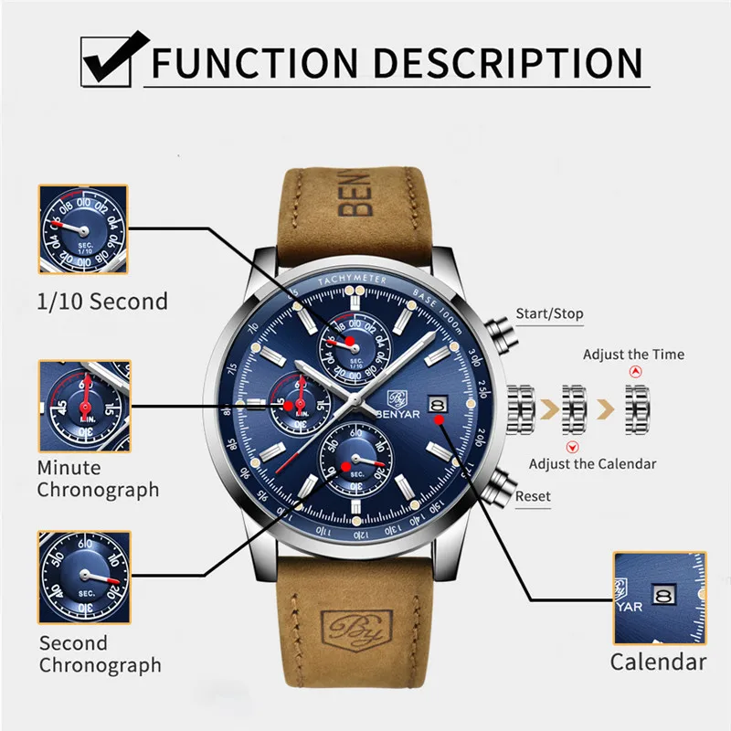 

BENYAR 2020 New Fashion Mens Watches Top Brand Luxury Quartz Clock Blue Watch Men Waterproof Sport Chronograph Relogio Masculino