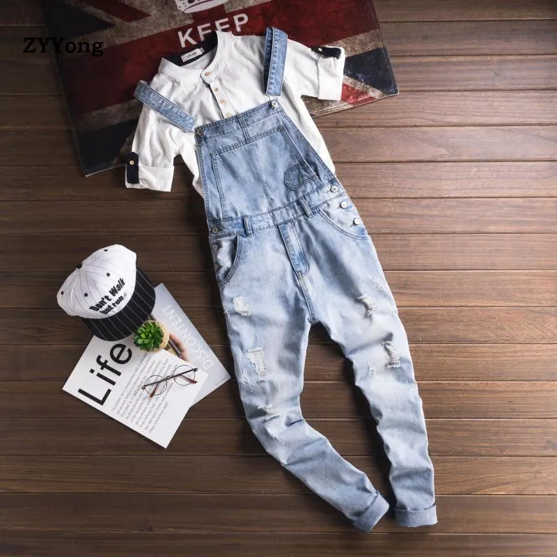 2020 New Style Men's Light Blue Ripped Jeans Jumpsuits Hi Street Distressed Denim Bib Overalls For Man Suspender Pants S-6XL