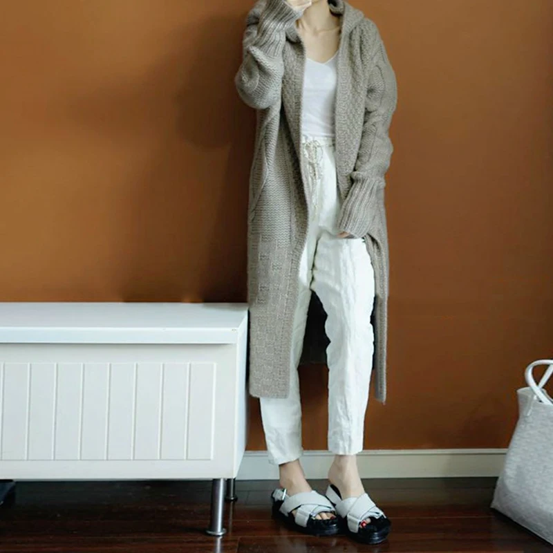 Женский вязаный свитер с капюшоном HAMALIEL серый плотный Свободный кардиган