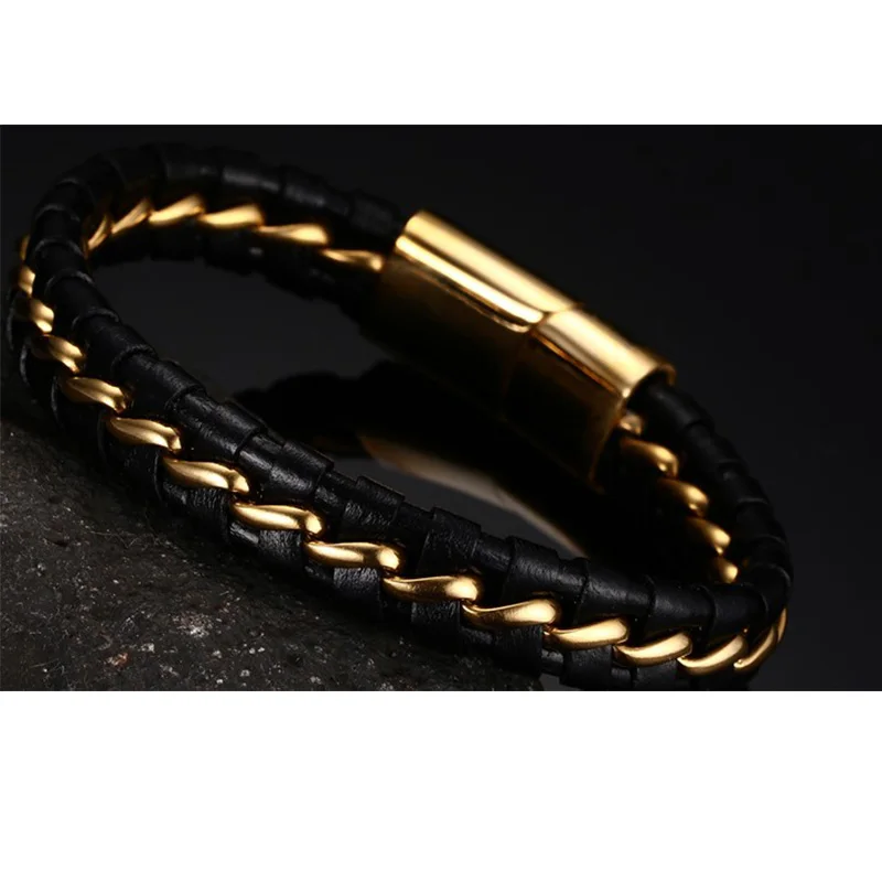 New Gold Steel Gun Black Color Stainless Braided Genuine Leather Bracelet 19/21/22cm Men Bangle Wrap Magnetic-Clasp | Украшения и