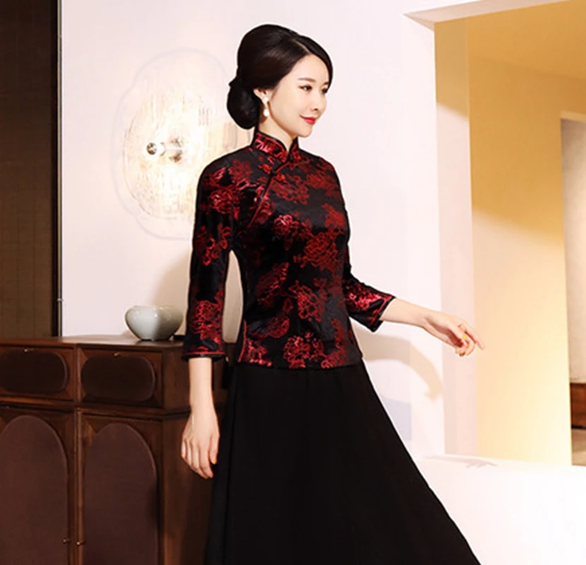 Китайский традиционный стиль осень зима бархат cheongsam женский короткий параграф семь точек рукав принт Тан костюм рубашка