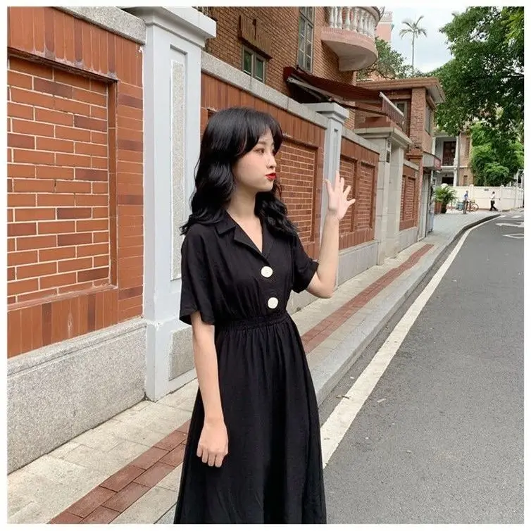 

For Summer Women's Dress V-Neck Short sleeve A-Line Women's Dress Black fashion Ladies Dress 2020 SS3329
