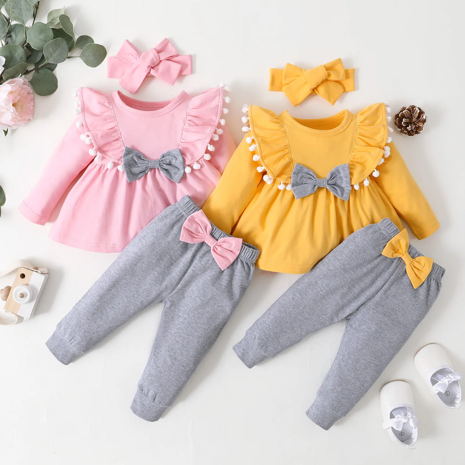 

Newborn Kids Baby Girl Clothes Winter Cotton Long Sleeve Bowknot Tassel Tops Bow Solid Color Pants Infant Clothing Sets 0-18M