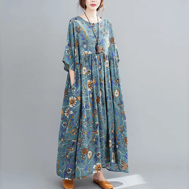 Plus Size Linen Beach Maxi Dresse Vintage Cotton Women Dress Robe Female Floral Printed Boho Summer Dresses 4XL 5XL 6XL | Женская одежда