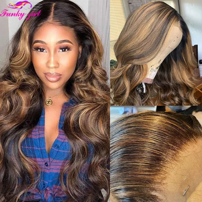 FG 4/30 Brazilian Highlight Wavy T Part Human Hair Lace Wigs Body Wave 13x1 Transparent Lace Part Wig Pre Plucked For Women