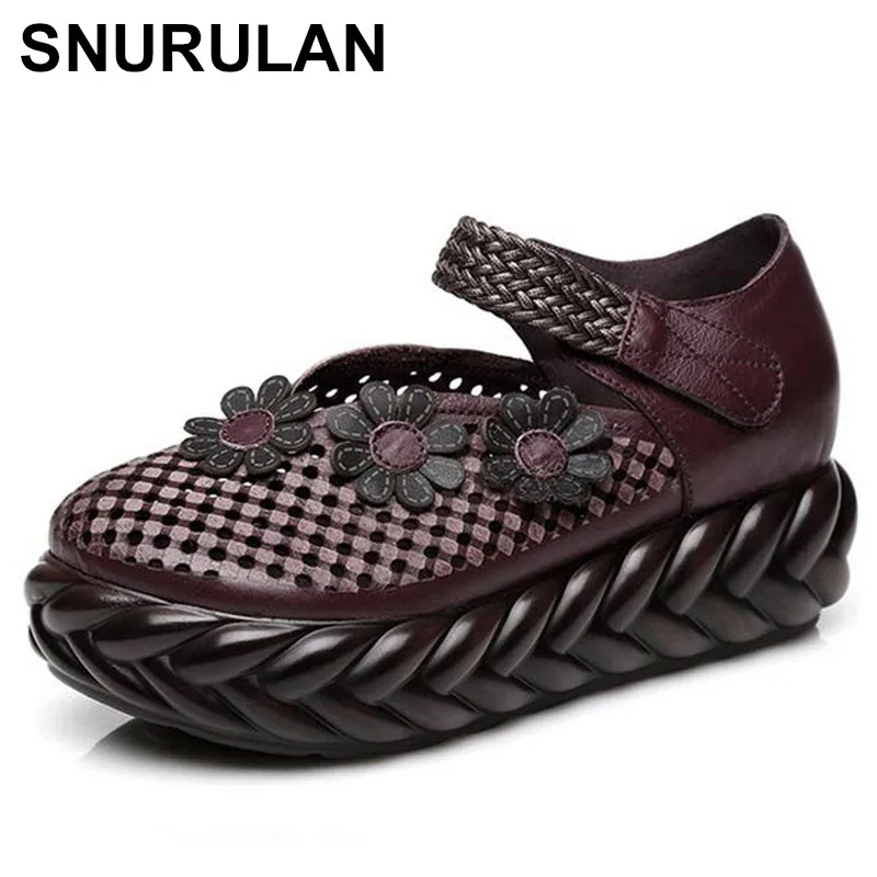 

SNURULAN Fashion Women Pumps Spring Handmade Genuine Leather High Heels Flower Cut Out Wedges Women Casual Shoes