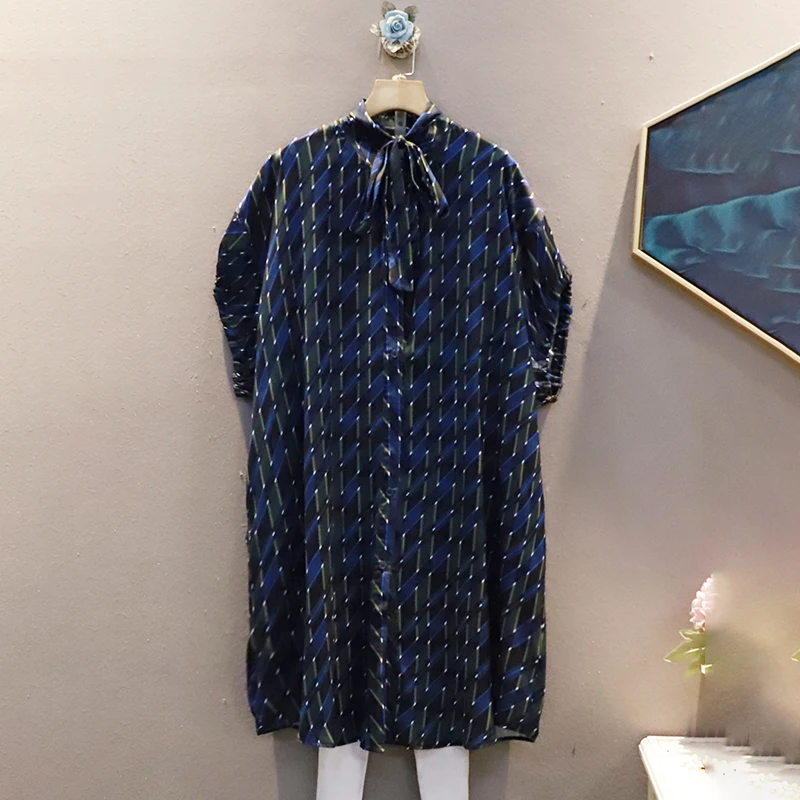 

IEQJ Women Lace-up Bowknot Retro Contrast Color Loose Large Size Shirt Cardigan Blouse New Loose Fashion Autumn 2021 3F1327