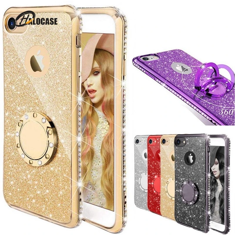 Luxury Bling Glitter Diamond Phone Case For iPhone 13 12 11 Pro Max XR X XS Max 7 8 6 Plus SE Metal Ring Holder Soft Cover Coque