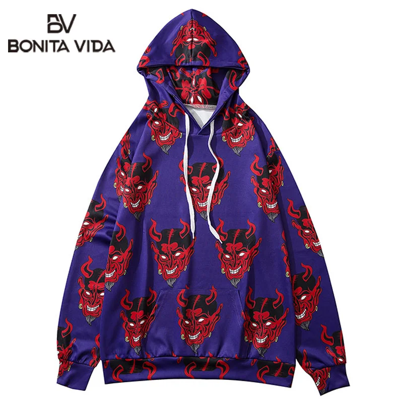 Bonita Vida Devil напечатаны хип-хоп толстовки для мужчин мода уличная Harajuku японский Ukiyo E Гавайский фиолетовый Свитшот