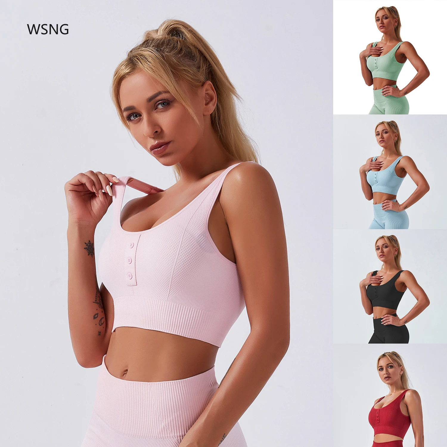 

Big Promotion Button Decoration Yoga Workout Vest Running Vest Underwear Padded Crop Tops Underwear No Wire-rim Gym Bras