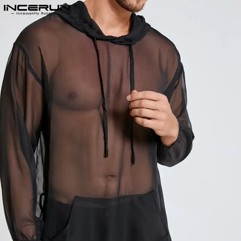 

INCERUN Fashion Men Mesh T Shirt Hooded See Through Long Sleeve Casual Tops Sexy Streetwear Loose Nightclub Party Mens T-shirts
