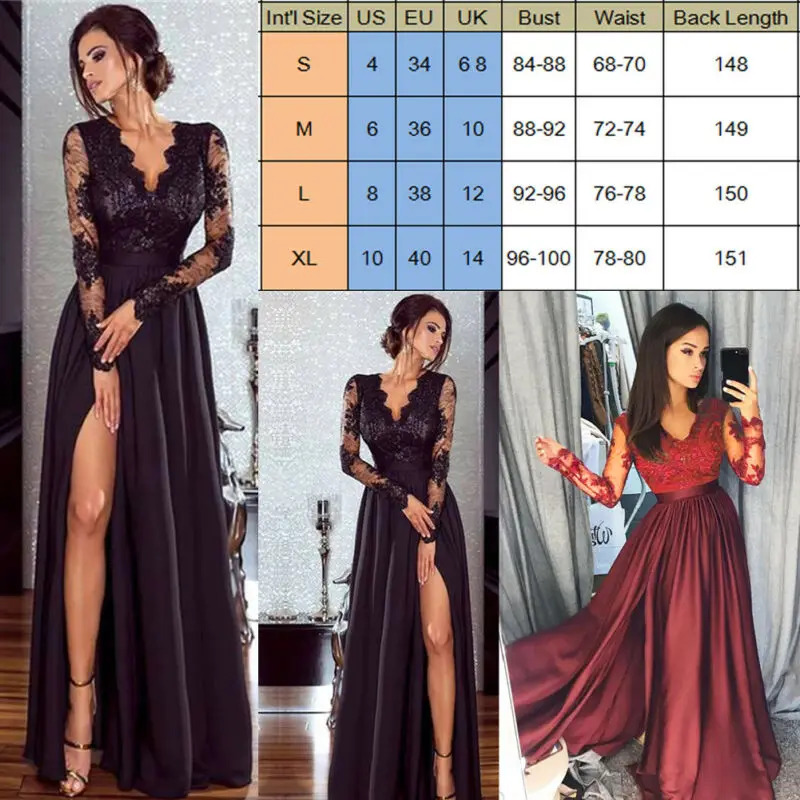 Fashion Elegant Ladies Women Sexy Long Sleeve High Waist Lace Slim Fit V Neck Party Formal Split Maxi Dress Black/Wine Red | Женская