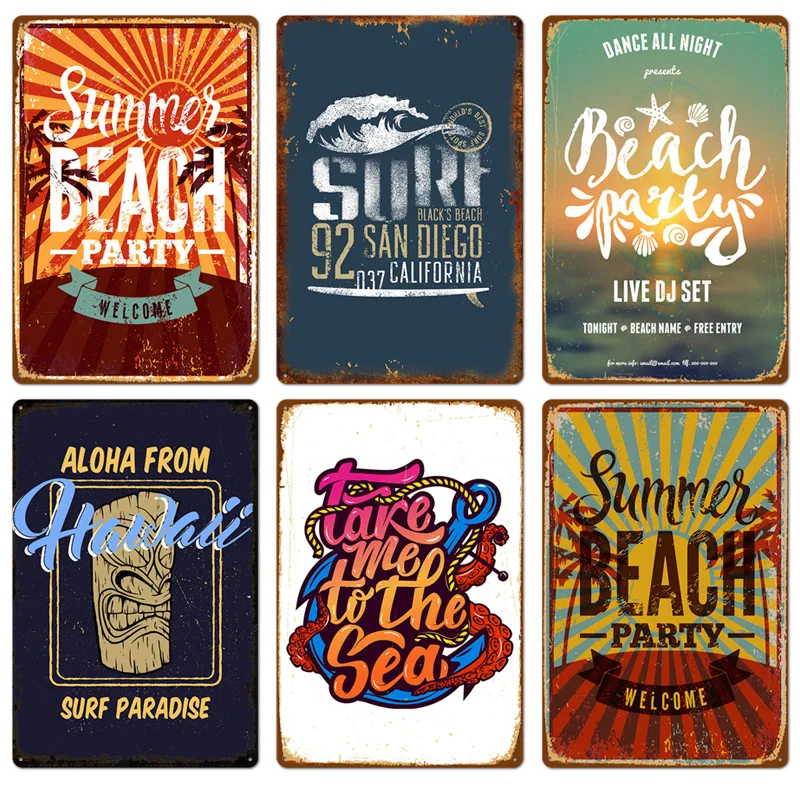 

New Beach Tin Sign Plaque Metal Summer Sign Metal Plate Wall Decor for Beach Bar Beach House Surf Club Decorative Iron Painting