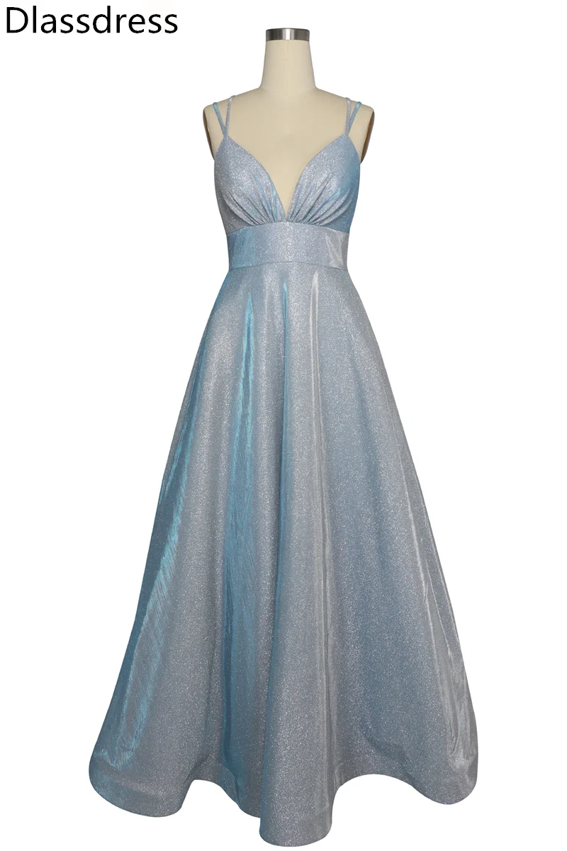 

Light Blue Evening Dresses A-line Floor Length Spaghetti Straps V-neck Lace-up Blingbling Satin Prom Dress платья знаменитостей