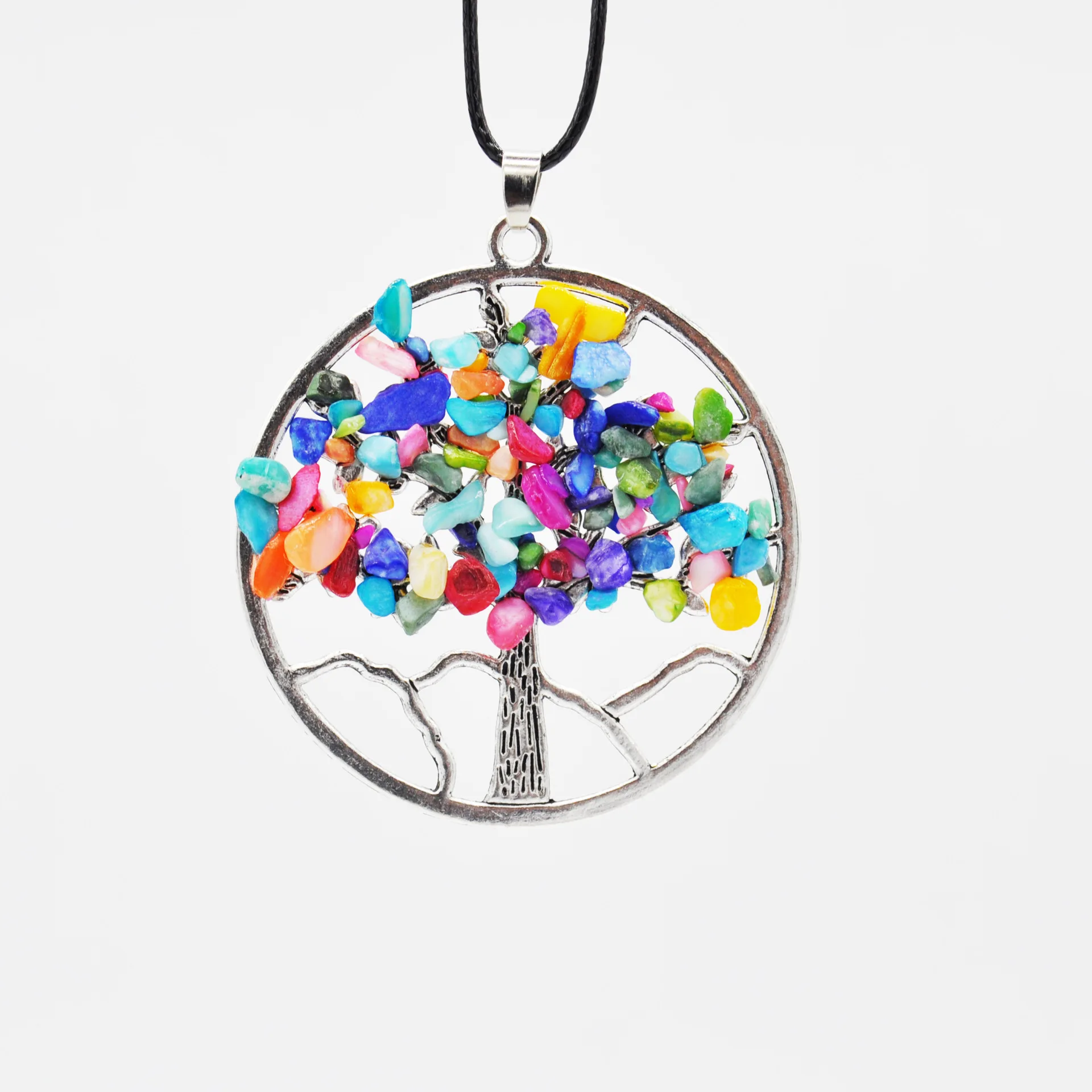 

7 Chakra Natural Chip Stone Tree of Life Round Pendant Amulet Healing Reiki Quartz Crystal Necklace Jewelry Gift
