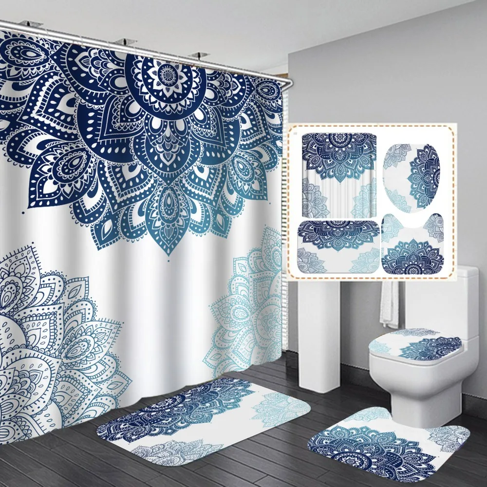 

3D Mandala Style Bathroom Curtain Set Bath Mat Sets Shower Curtains with Hooks Geometry White Non-Slip Pedestal Rug Toilet Cover