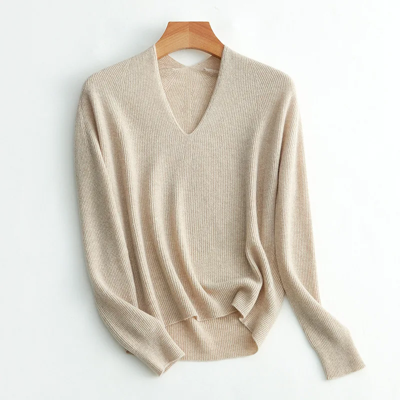 

masigoch winter thick ribbed knit seamless 100% cashmere sweater v neck long sleeve