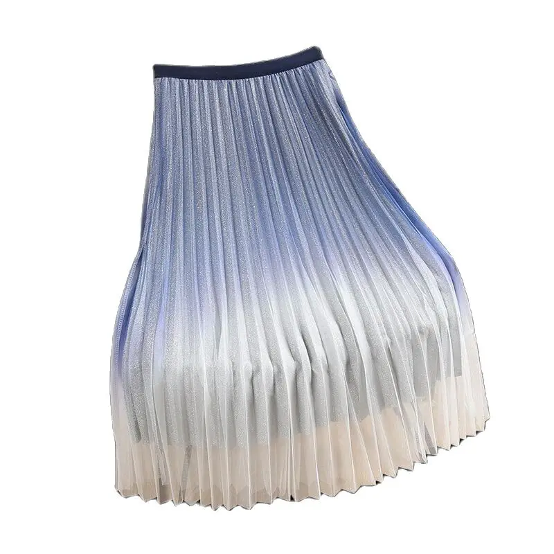 

Jupe Longue Tulle Skirt Women Streetwear Elastic High Waist Mesh Skirts Gradient Long Pleated Skirt 2021 Summer Midi Skirt Women