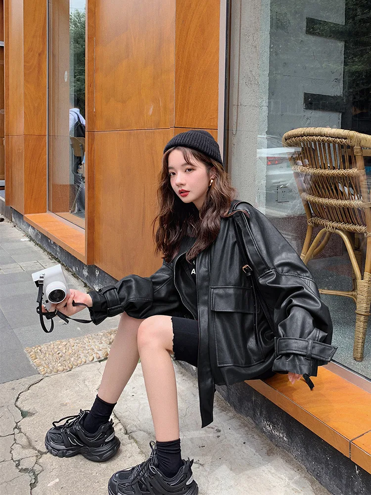 

2021 Spring Loose Short Leather Jacket WomanS Trench Coat Newest Female Coat Casual Solid Leather Trench Coat Motorcycle Coats
