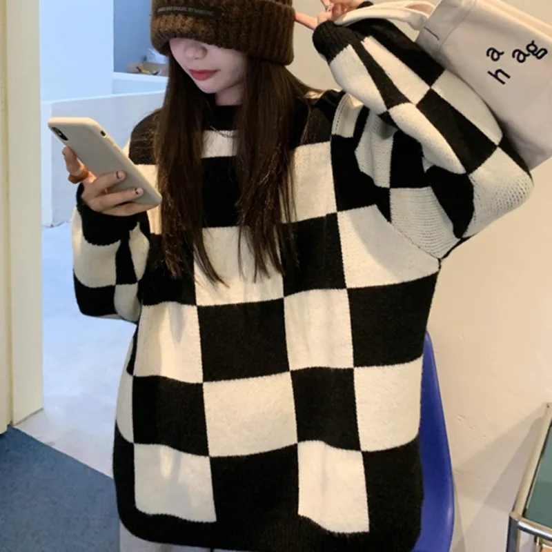 Пуловер в шахматную клетку свитер с круглым вырезом Женская осенне-зимняя
