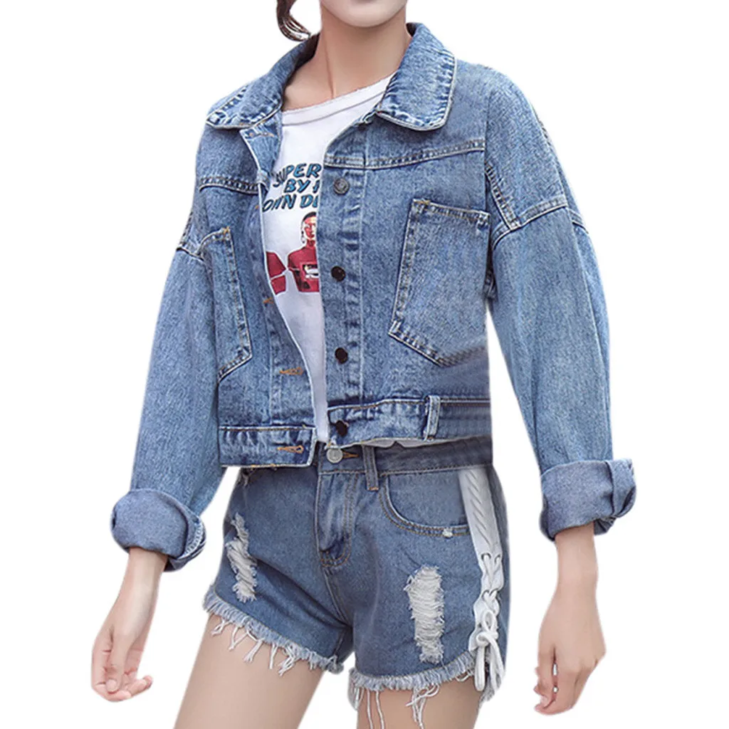 JAYCOSIN джинсовая куртка бойфренда женская укороченная винтажная с длинным рукавом