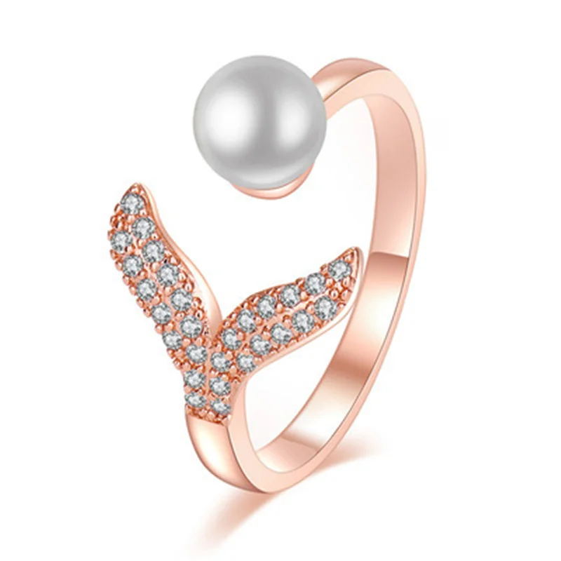 

Симпатичные рыбий хвост кольцо для женщин, ювелирное изделие, розовое золото, украшенные кристаллами и жемчугом кольца для леди свадебные с...