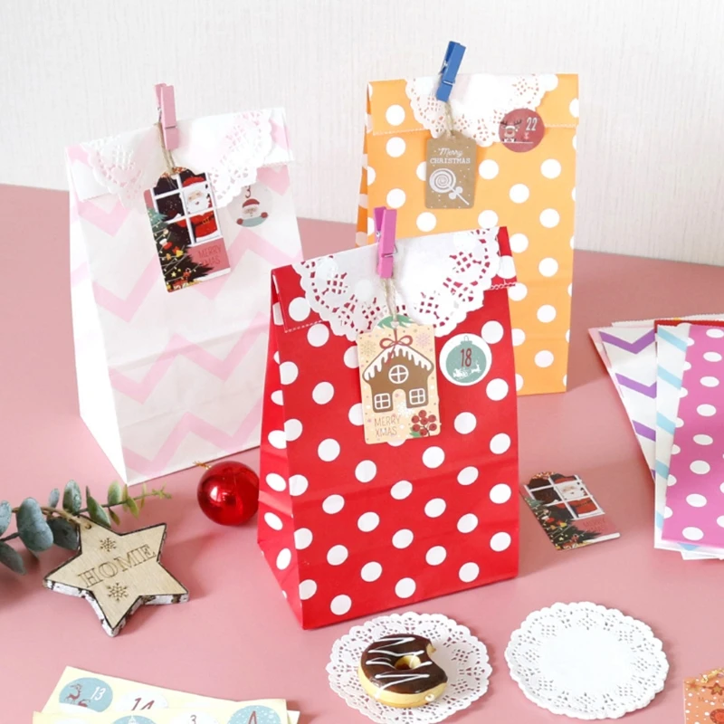 

24 Sets Christmas 1-24 Advent Calendar Paper Candy Bag with Tags Clips Stickers Pads Hemp Rope Gift Storage Decoration