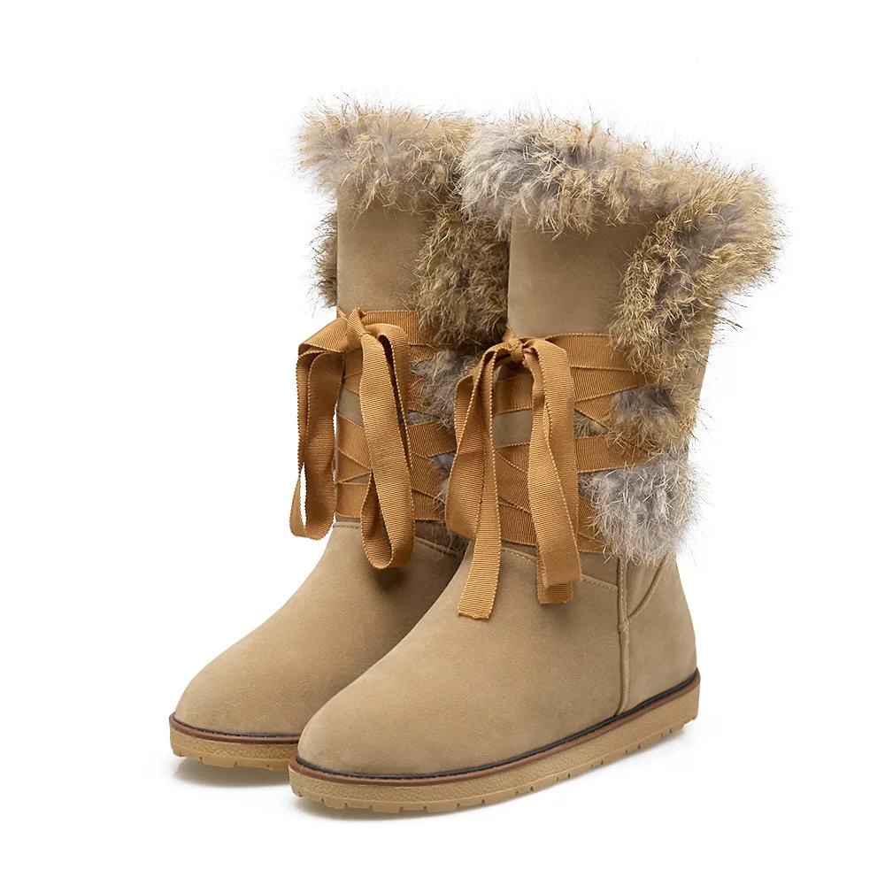 

SWYIVY Rabbit Fur High Tall Snow Boots Woman Flats 2018 Winter New Female Velver Snow Shoes Lacing Up Warm Fur Snow Boots 34 43