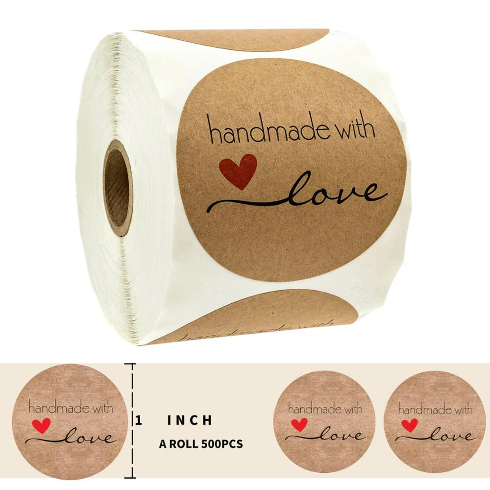 Круглый натуральный Крафт ручной работы с любовь наклейки s 500 Этикетки в рулоне