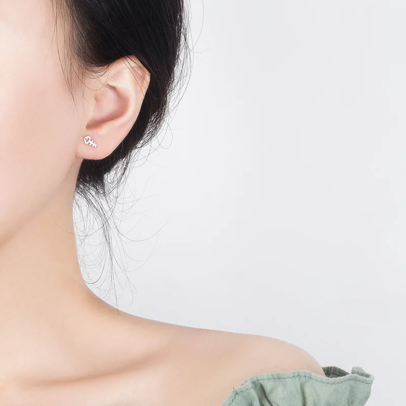 

XIYANIKE 925 Sterling Silver Asymmetry Cute Cat fish Bone Stud Earrings For Women Girls Gift Handmade Fashion Ear Hoops Jewelry