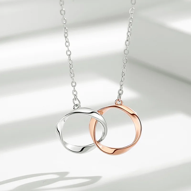 

S925 Sterling Silver Mobius Double Ring necklaces for women Fashion Minimalist Creative All-Matching Couple Style Clavicle Chain